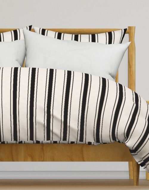 Medium Coal Black Antique Vintage Mattress Ticking Stripe on Cream Duvet Cover