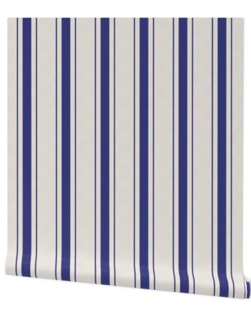 Medium Cornflower Blue Antique Vintage Mattress Ticking Stripe on Cream Wallpaper