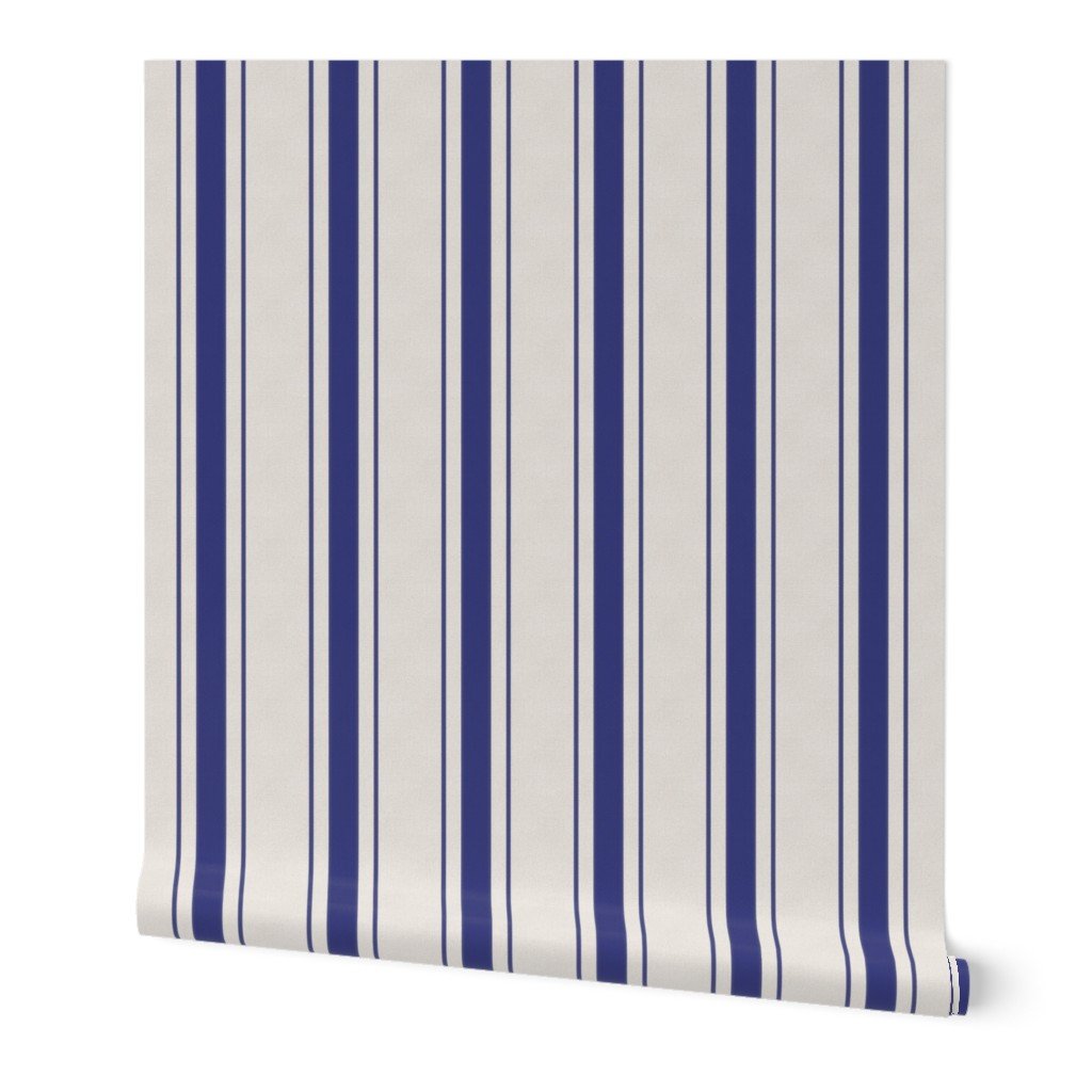 Medium Cornflower Blue Antique Vintage Mattress Ticking Stripe on Cream Wallpaper