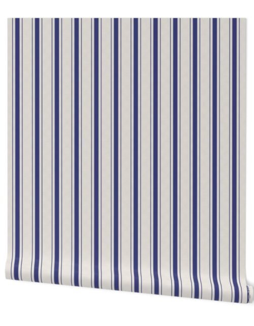 Small Cornflower Blue Antique Vintage Mattress Ticking Stripe on Cream Wallpaper