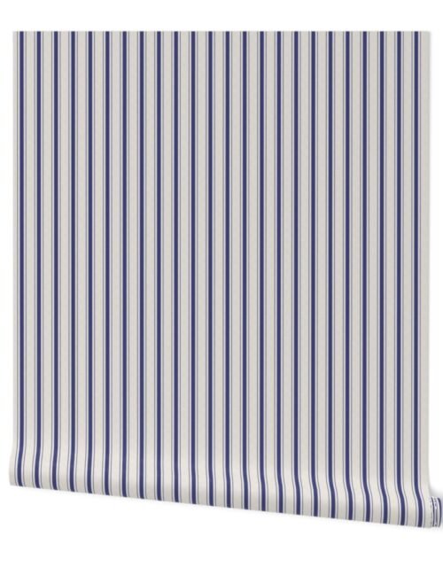 Mini Cornflower Blue Antique Vintage Mattress Ticking Stripe on Cream Wallpaper