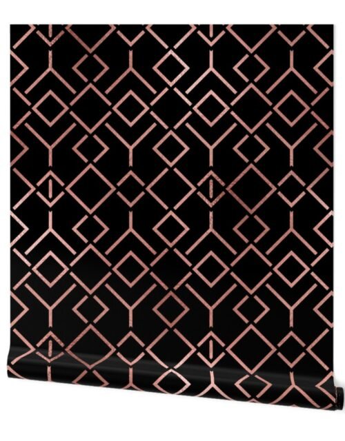 Copper Rose Gold and Black Art Deco Jumbo Geometric Locking Squares Wallpaper