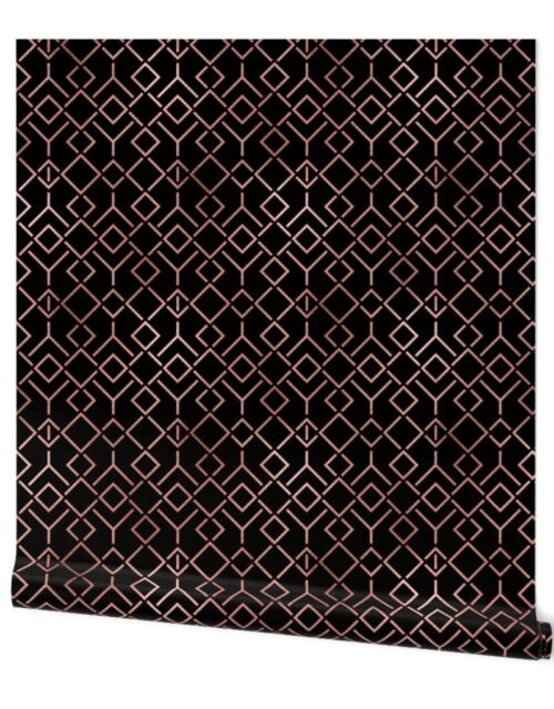 Copper Rose Gold and Black Art Deco Geometric Locking Squares Wallpaper