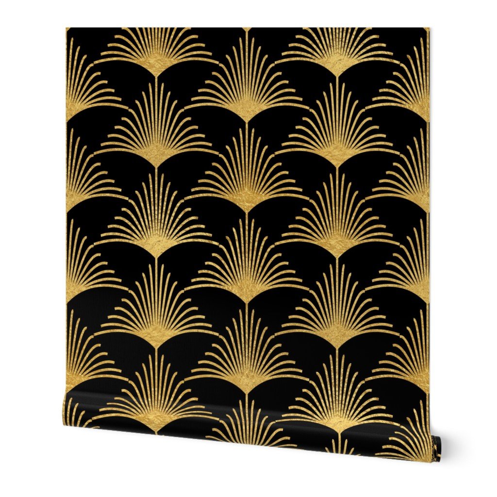 Antique Gold and Black Jumbo Art Deco Palm Leaves Wallpaper Antique Gold and Black Jumbo Art Deco Palm Leaves Wallpaper