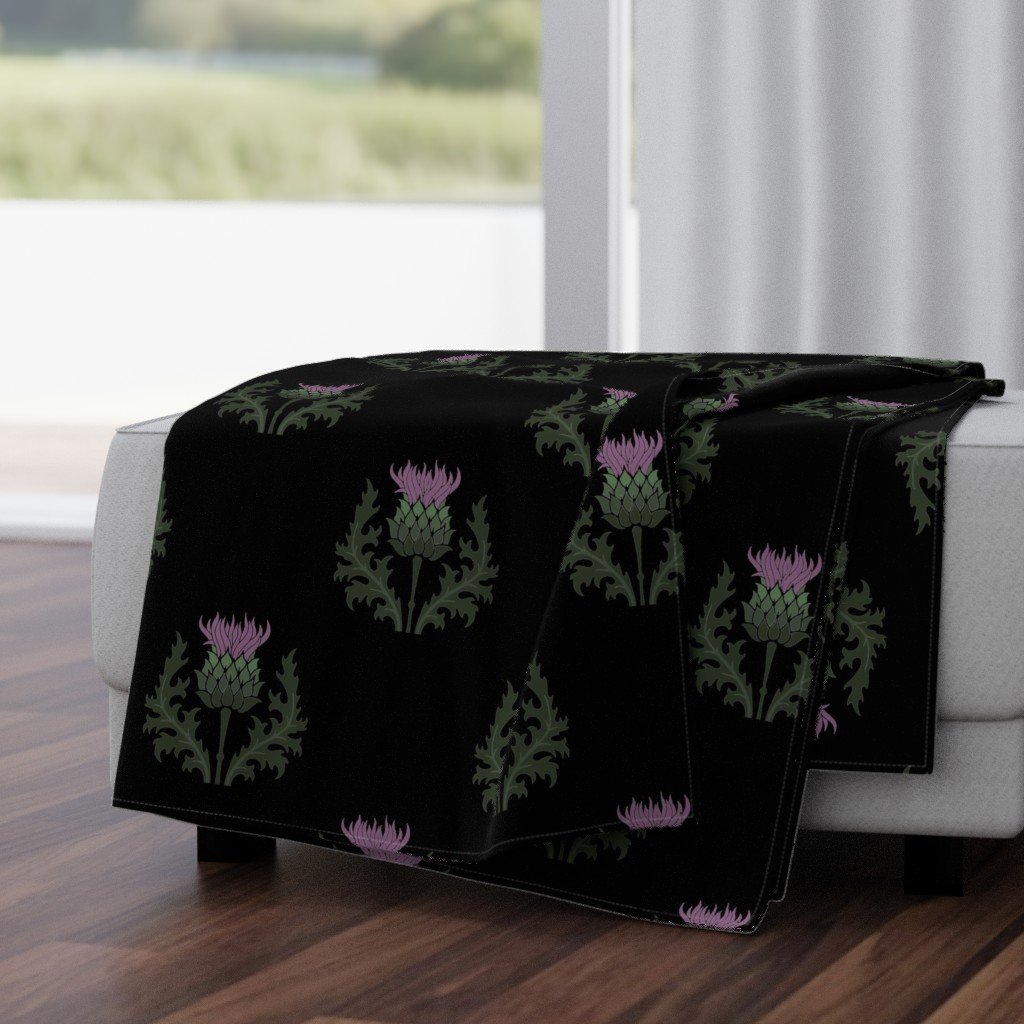 Large Scottish Thistle Flower of Scotland on Black Throw Blanket Large Scottish Thistle Flower of Scotland on Black Throw Blanket