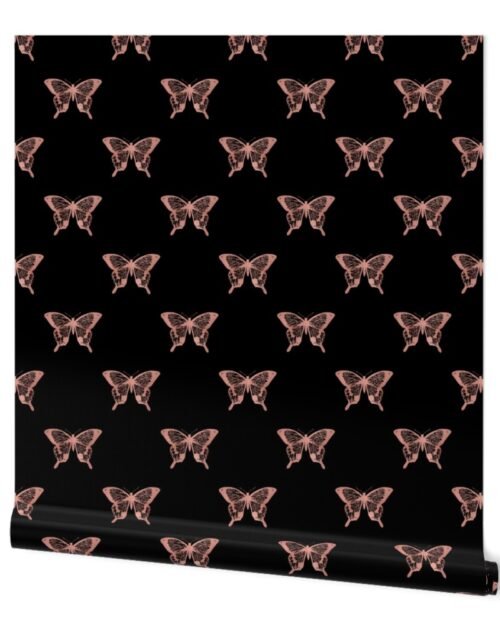 Large Metallic Rose Gold Foil Butterflies on Black Wallpaper