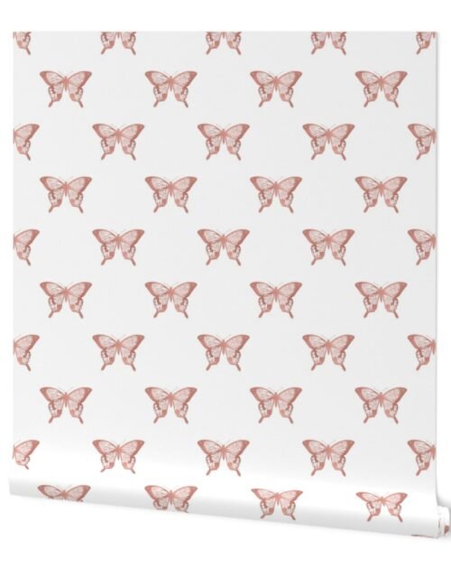 Large Metallic Rose Gold Foil Butterflies on White Wallpaper