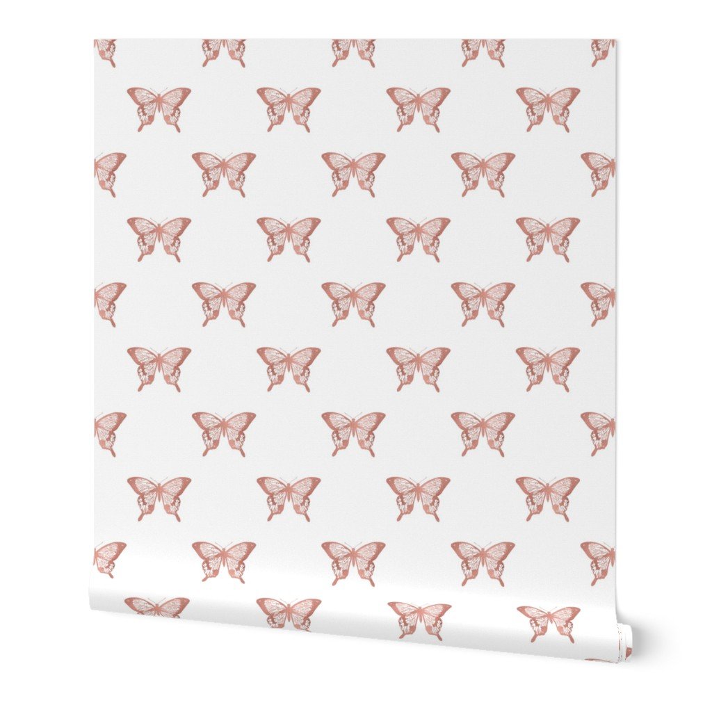 Large Metallic Rose Gold Foil Butterflies on White Wallpaper Large Metallic Rose Gold Foil Butterflies on White Wallpaper