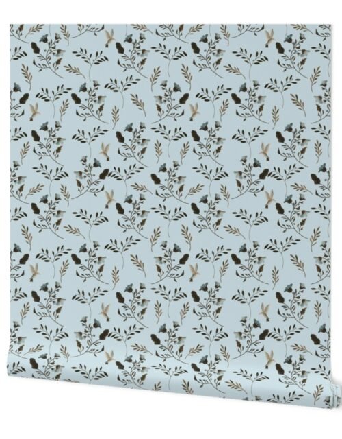Small Handpainted Bluebells and Bluebirds on Blue Wallpaper