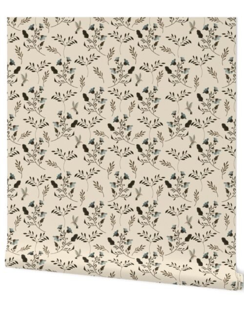 Small Handpainted Blue Bluebells and Bluebirds Floral Pattern Cream Wallpaper