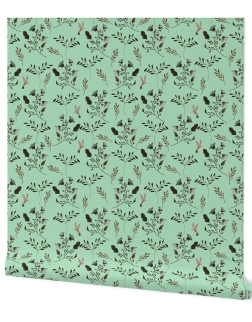 Small Handpainted Bluebells and Bluebirds Floral Pattern in Mint Wallpaper