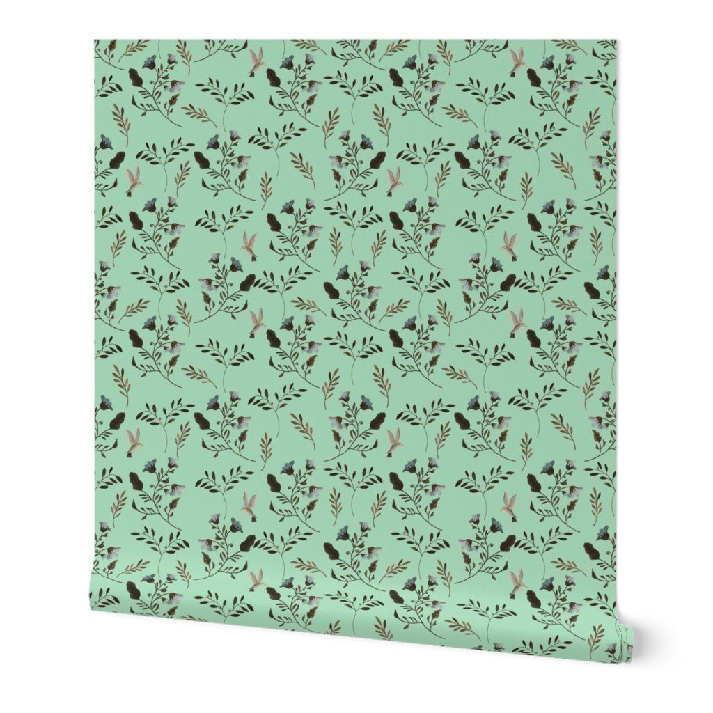Small Handpainted Bluebells and Bluebirds Floral Pattern in Mint Wallpaper Small Handpainted Bluebells and Bluebirds Floral Pattern in Mint Wallpaper
