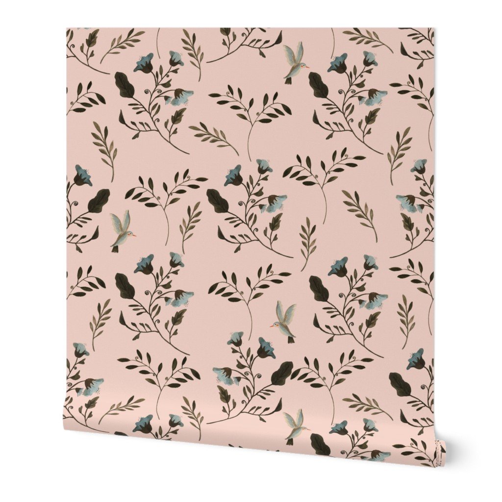Blue Bluebells and Bluebirds Watercolored Floral Pattern on Soft Peach Wallpaper Blue Bluebells and Bluebirds Watercolored Floral Pattern on Soft Peach Wallpaper