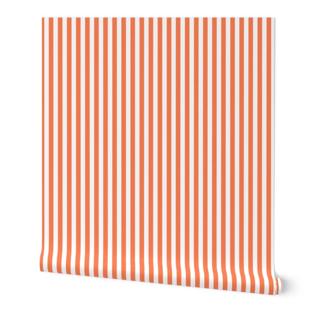 Sunset Coral and White 1/2 Inch Vertical Cabana Stripes Wallpaper Sunset Coral and White 1/2 Inch Vertical Cabana Stripes Wallpaper