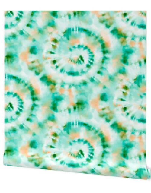 Jumbo Tie Dye Peach and Teal Green Circling Swirls on White Wallpaper