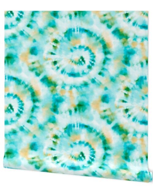 Jumbo Tie Dye Peach and Aquamarine Circling Swirls on White Wallpaper