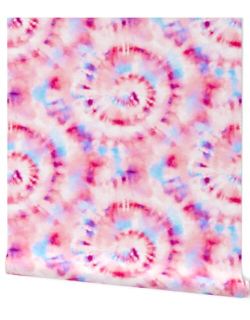 Jumbo Tie Dye Reddish Pink, Lilac  and Aqua Circling Swirls on White Wallpaper