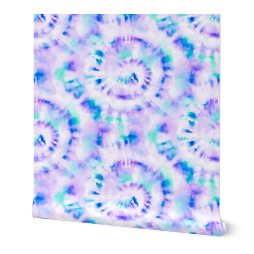 Jumbo Tie Dye Kelly Green, Lilac and Royal Blue Circling Swirls on White Wallpaper Jumbo Tie Dye Kelly Green, Lilac and Royal Blue Circling Swirls on White Wallpaper