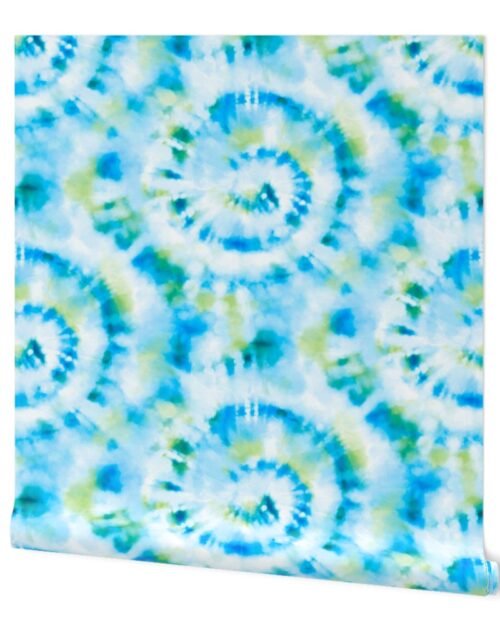 Jumbo Tie Dye Lime  and Aqua Circling Swirls on White Wallpaper