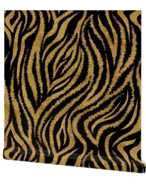 Textured Animal Striped Tiger Fur in Bold  Gold and Black Swirling Zebra Stripes Wallpaper