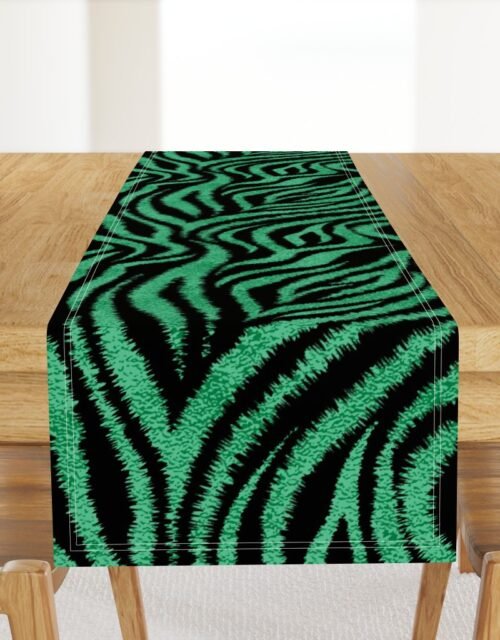 Textured Animal Striped Tiger Fur in Bold  Emerald Green and Black Swirling Zebra Stripes Table Runner