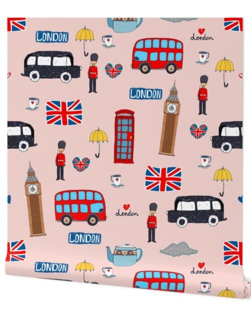 London England Handdrawn Motifs Big Ben, Union Jack, Palace Guard, Teatime, Black Cabs on  Pink Wallpaper