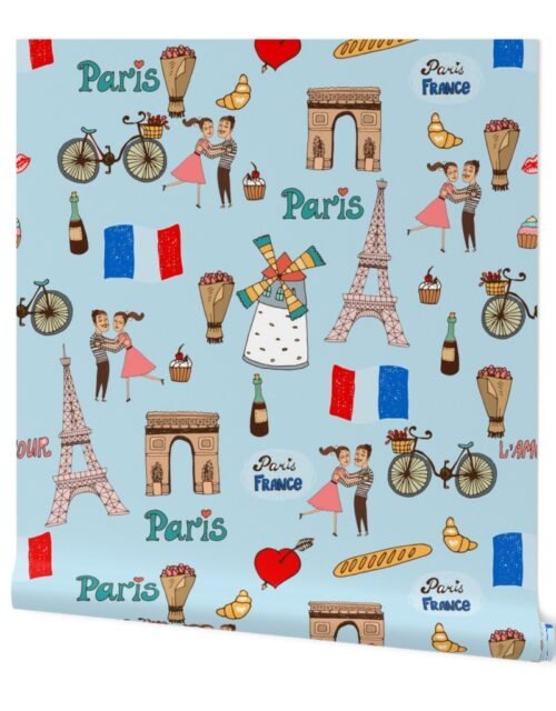Paris France Handdrawn Motifs Eiffel Tower, Baguettes, Arc de Triomphe, Tricolor on Blue Wallpaper