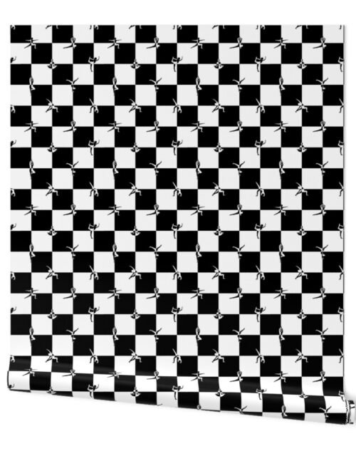 Black and White Checkerboard Check with Yoga Poses Wallpaper