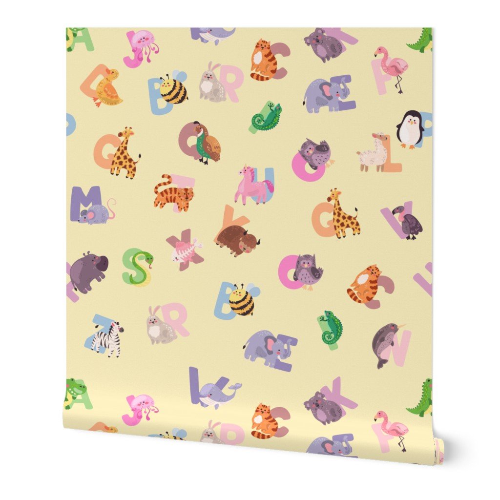 Whimsical Nursery Alphabet in Adorable Animals for Babies and Children 3-4 Inch on Butter Yellow Pastel Wallpaper Whimsical Nursery Alphabet in Adorable Animals for Babies and Children 3-4 Inch on Butter Yellow Pastel Wallpaper