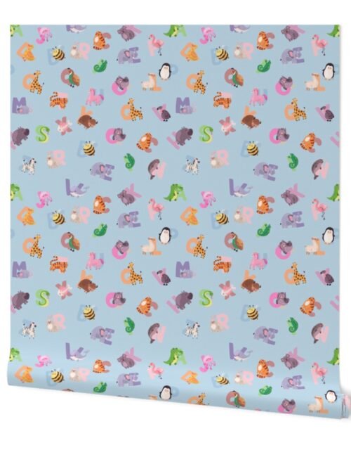 Whimsical Nursery Alphabet in Adorable Animals for Babies and Children 2  Inch on Baby Blue Pastel Wallpaper