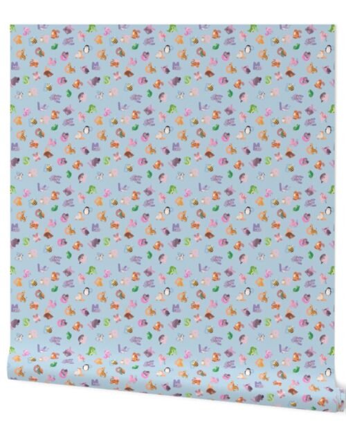 Whimsical Nursery Alphabet in Adorable Animals for Babies and Children 1 Inch on Baby Blue Pastel Wallpaper