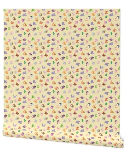 Whimsical Nursery Alphabet in Adorable Animals for Babies and Children 1 Inch on Butter Yellow Pastel Wallpaper