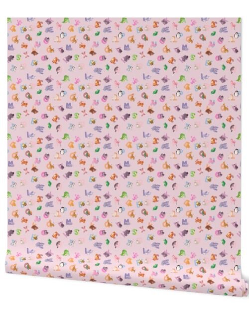Whimsical Nursery Alphabet in Adorable Animals for Babies and Children 1 Inch on Baby Pink Pastel Wallpaper