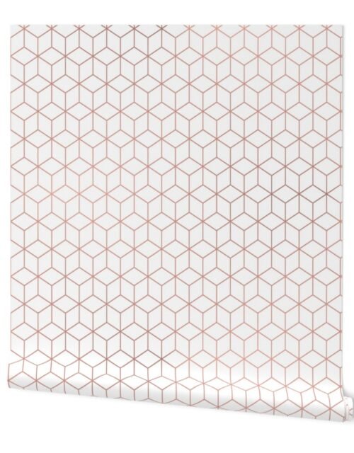 Large White and Faux Metallic Rose Gold Art Deco 3D Geometric Cubes Wallpaper