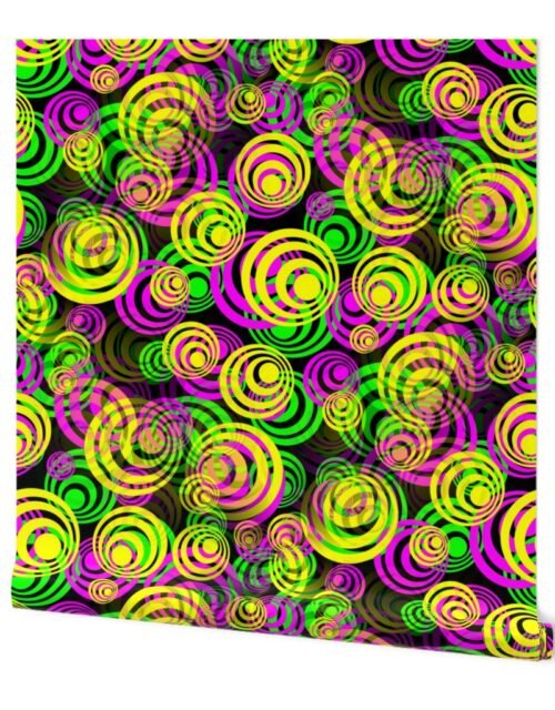 Bright Yellow Pink and Green 70s Hippy Circles Wallpaper