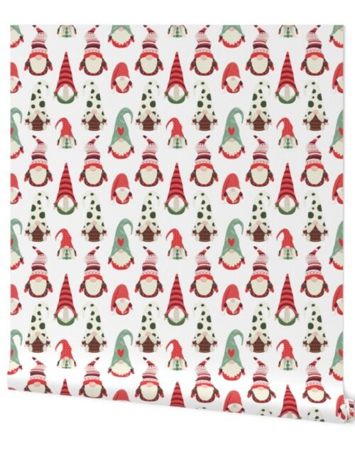 Christmas Gnomes in Holiday Green and Red Caps on White Wallpaper
