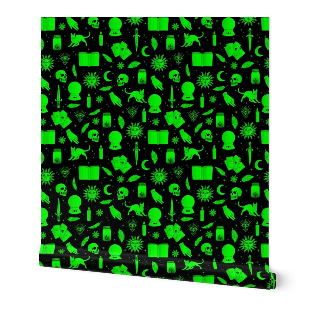 Small Bright Dayglo Green Halloween Motifs Skulls, Spells & Cats on Spooky Black Wallpaper Small Bright Dayglo Green Halloween Motifs Skulls, Spells & Cats on Spooky Black Wallpaper