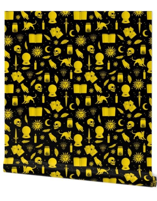 Small Bright Dayglo Yellow Halloween Motifs Skulls, Spells & Cats on Spooky Black Wallpaper