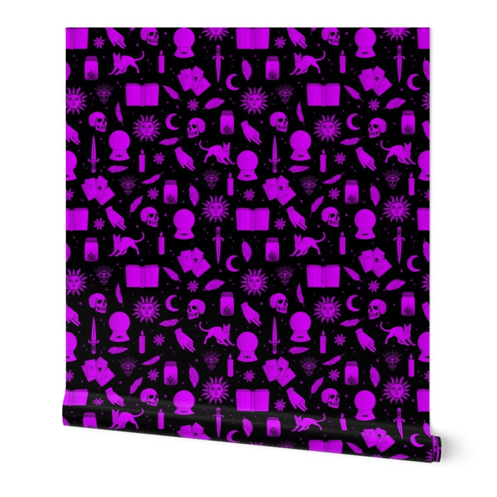 Small Bright Dayglo Purple Halloween Motifs Skulls, Spells & Cats on Spooky Black Wallpaper Small Bright Dayglo Purple Halloween Motifs Skulls, Spells & Cats on Spooky Black Wallpaper