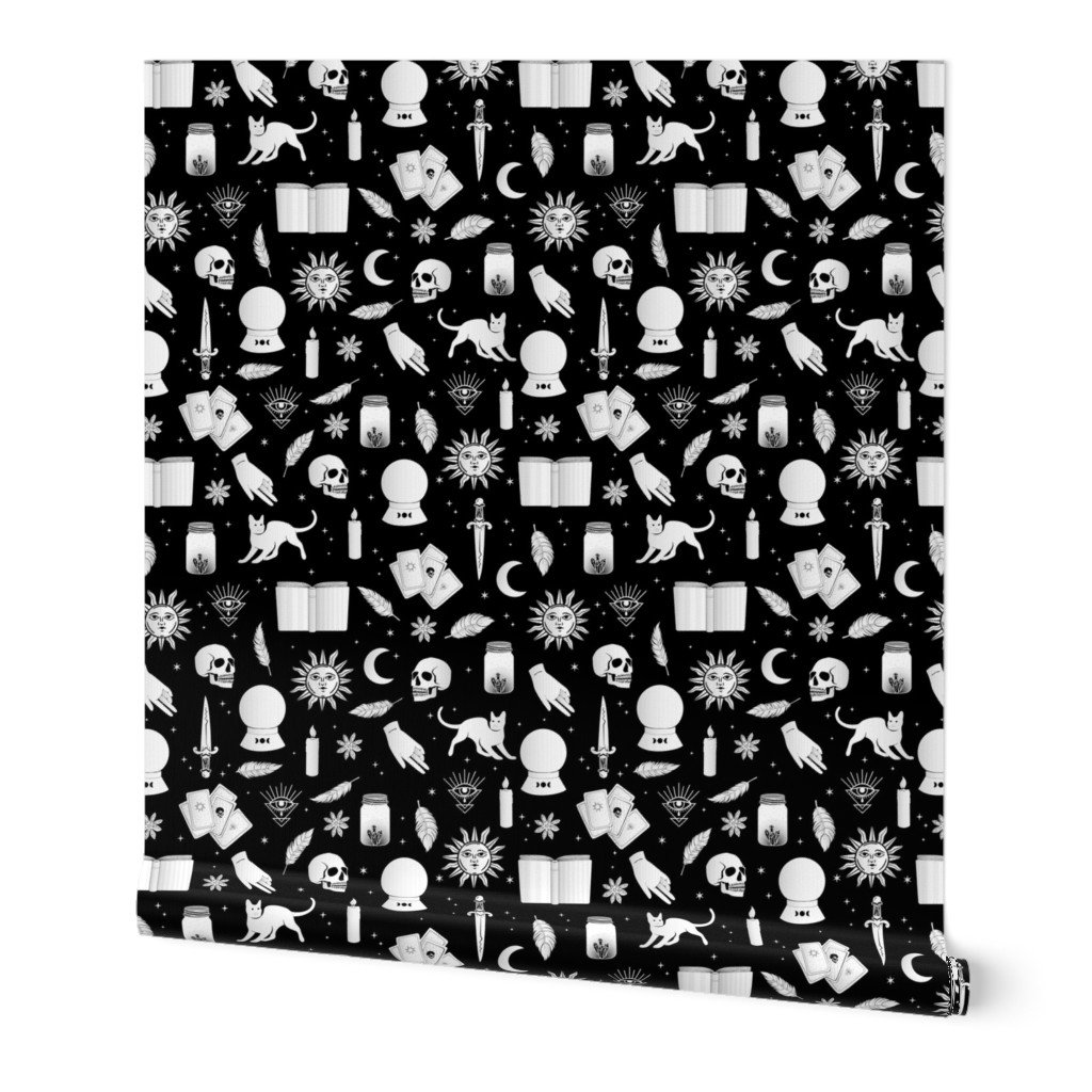 Small Bright White Halloween Motifs Skulls, Spells & Cats on Spooky Black Wallpaper Small Bright White Halloween Motifs Skulls, Spells & Cats on Spooky Black Wallpaper