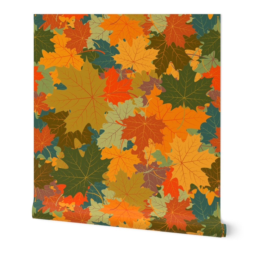 Jumbo Autumn Leaves Scattered in Gold, Red, Brown and Green Wallpaper Jumbo Autumn Leaves Scattered in Gold, Red, Brown and Green Wallpaper