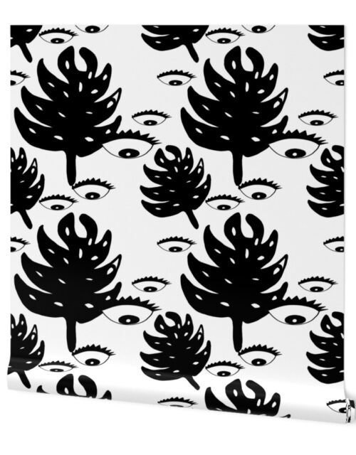 Evil Eye Black and White Monstera Leaves Wallpaper