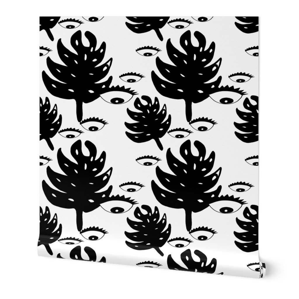 Evil Eye Black and White Monstera Leaves Wallpaper Evil Eye Black and White Monstera Leaves Wallpaper