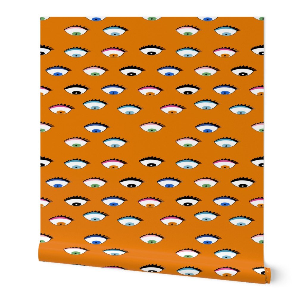 Evil Eyes Multi -Colored on Bright Orange Wallpaper