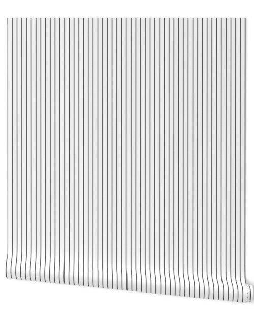 1/2 inch Classic Vertical Black Baseball Stripe Lines On White Wallpaper