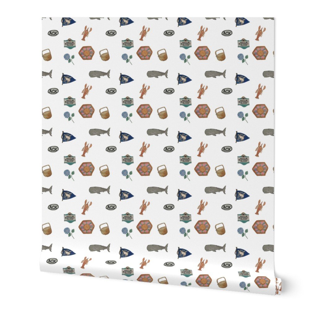 Nantucket Island Hand-Painted Watercolors of its Symbols, Signs and Motifs on White Wallpaper Nantucket Island Hand-Painted Watercolors of its Symbols, Signs and Motifs on White Wallpaper
