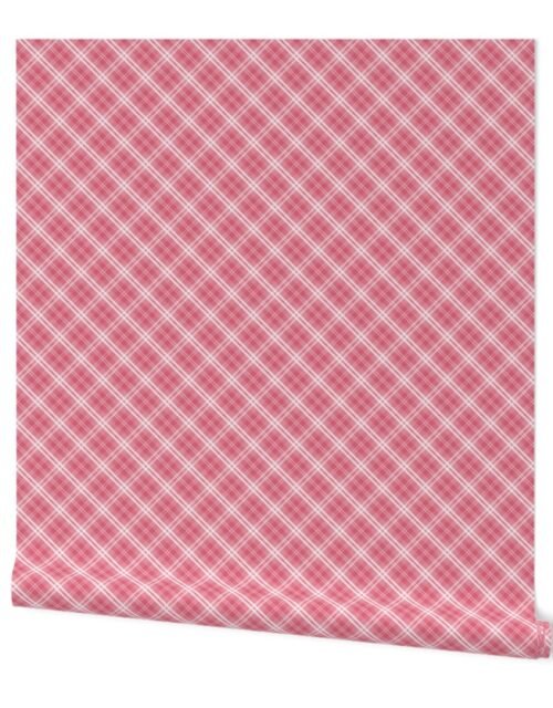 Nantucket Red and White Diagonal Tartan Plaid Check Wallpaper