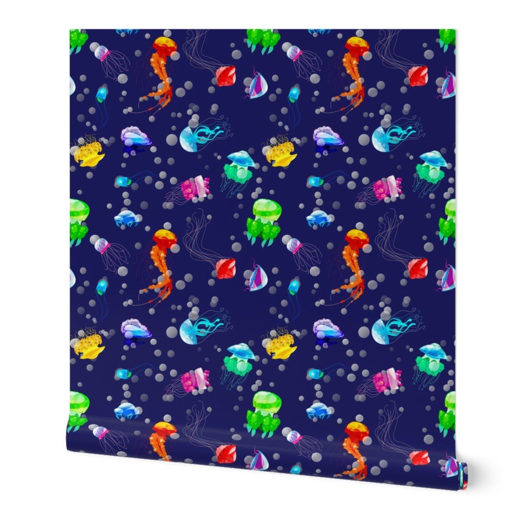 Bright Neon Rainbow Colored Jellyfish in Deep Pacific Ocean Blue Wallpaper Bright Neon Rainbow Colored Jellyfish in Deep Pacific Ocean Blue Wallpaper