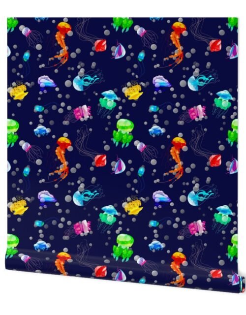 Bright Neon Rainbow Colored Jellyfish in North Sea Blue Wallpaper