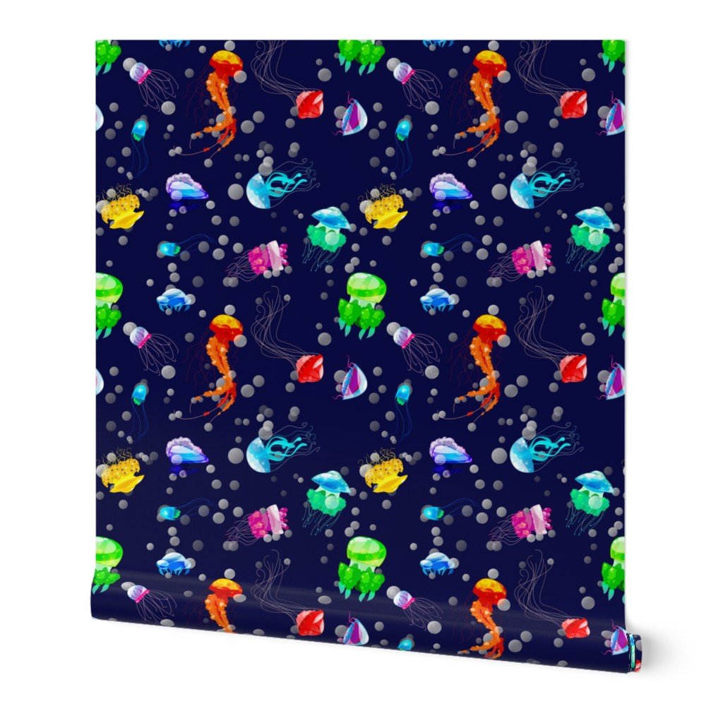 Bright Neon Rainbow Colored Jellyfish in North Sea Blue Wallpaper
